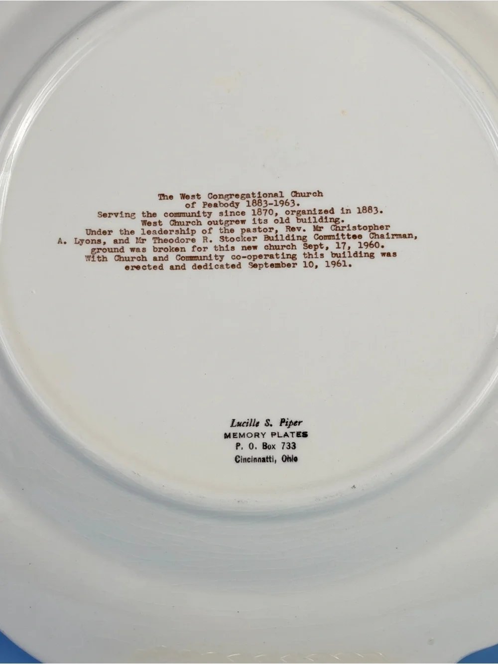 Vintage 1961 West Congregational Church Peabody MA Commemorative Plate